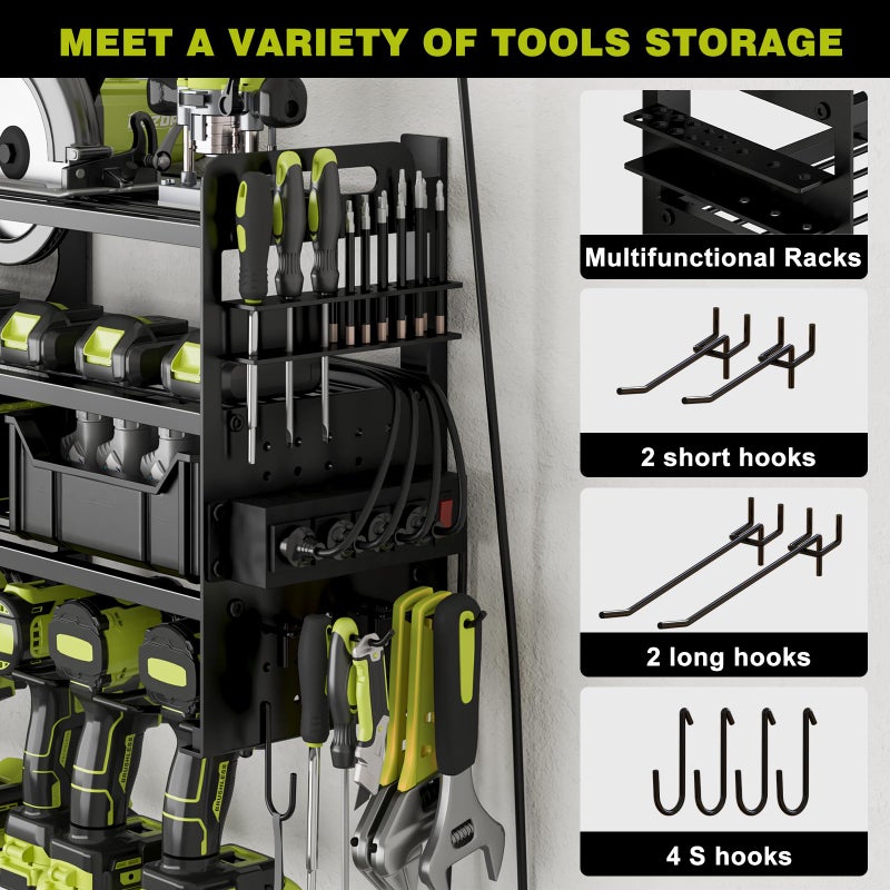 SEEAHEAD 12 Cordless Drill Holder Large Power Tool Organizer Wall Mount with Side Pegboard & Screwdriver Holder, 4-Tier Heavy Duty Metal Tool Storage Rack with 4-Outlet Power Strip - Image 4