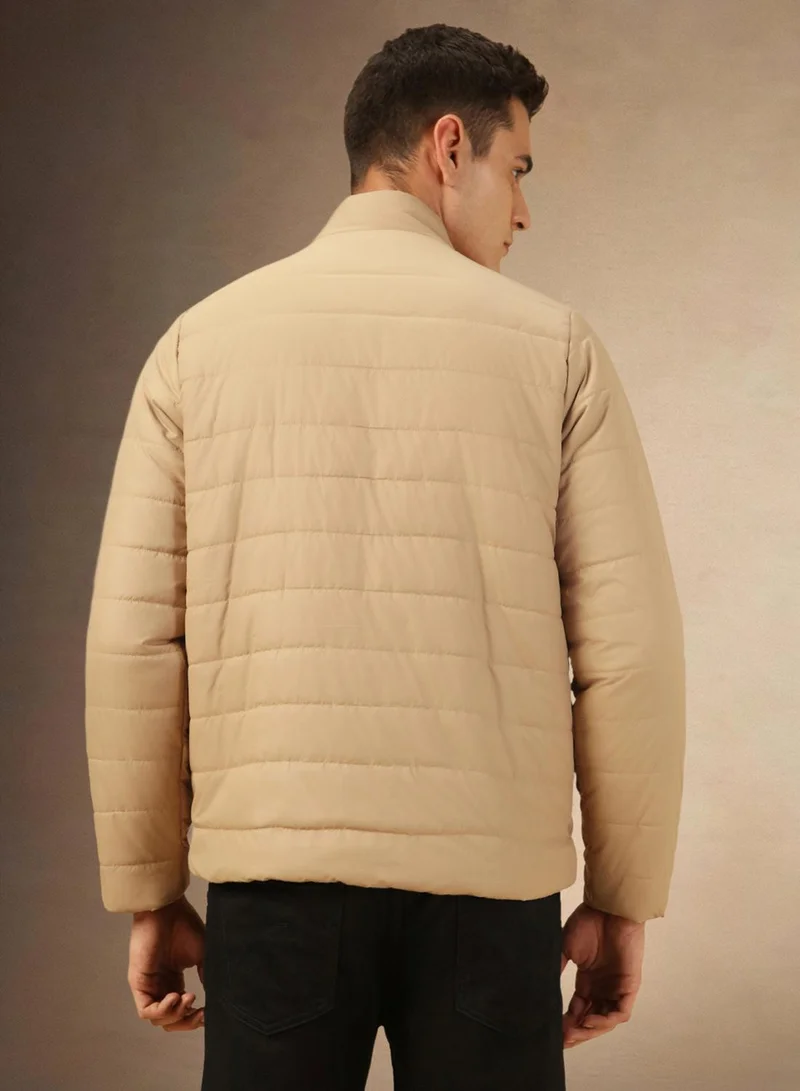 Dennis Lingo Men's Khaki 100% Polyester Solid Regular Fit Jacket