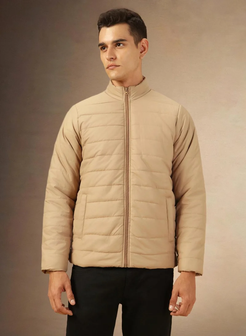 Dennis Lingo Men's Khaki 100% Polyester Solid Regular Fit Jacket