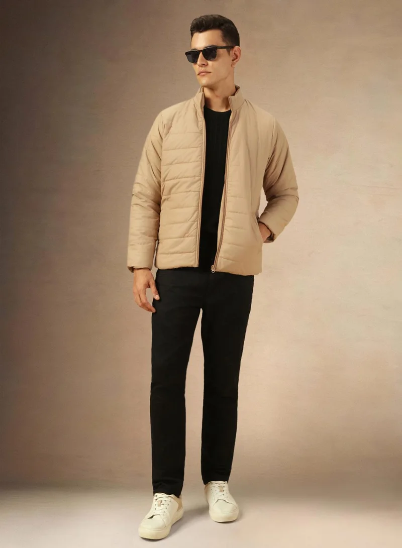 Dennis Lingo Men's Khaki 100% Polyester Solid Regular Fit Jacket
