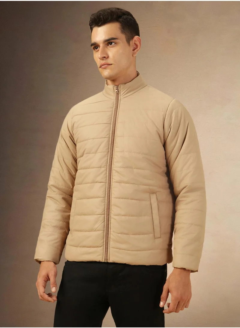 Dennis Lingo Men's Khaki 100% Polyester Solid Regular Fit Jacket