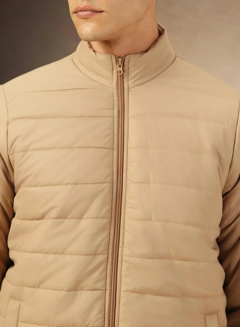 Dennis Lingo Men's Khaki 100% Polyester Solid Regular Fit Jacket