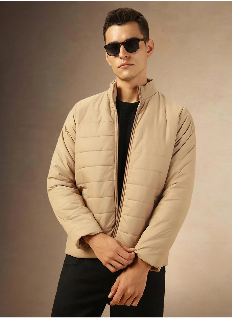 Dennis Lingo Men's Khaki 100% Polyester Solid Regular Fit Jacket