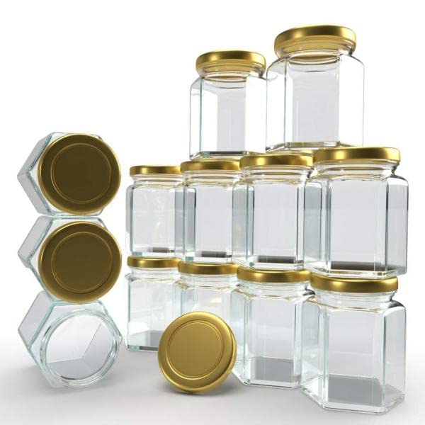 VISMII Hexagon Glass Jars with Golden Lids Mini Canning Jars Containers for Spice JamJelly Wedding Favors Honey And More Small Jars 350ml 6 pc Clear - Image 1