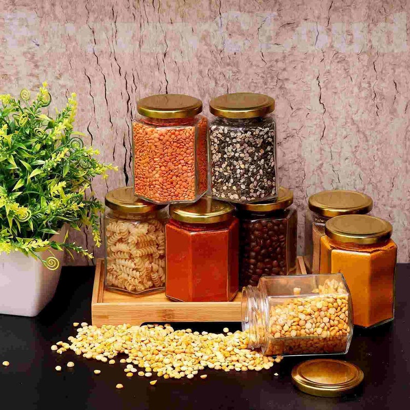 VISMII Hexagon Glass Jars with Golden Lids Mini Canning Jars Containers for Spice JamJelly Wedding Favors Honey And More Small Jars 350ml 6 pc Clear - Image 2