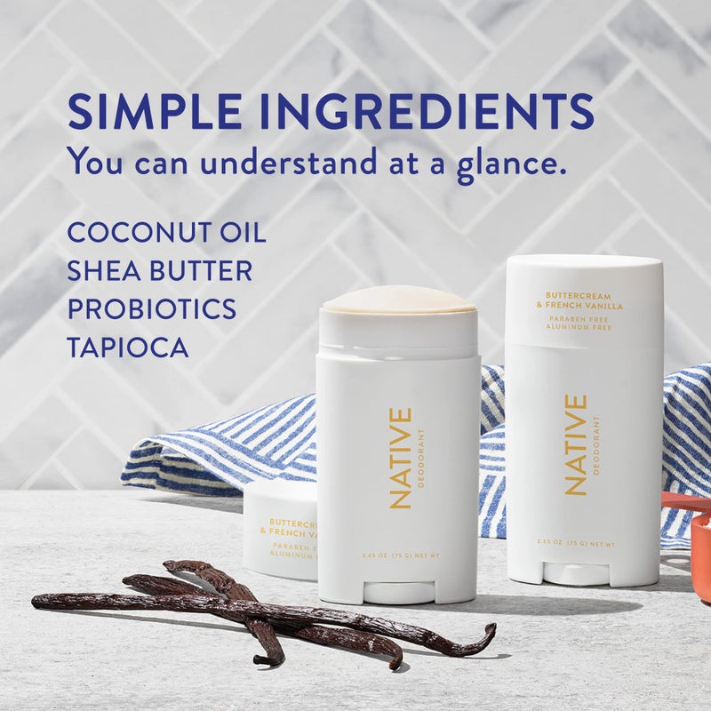 native مزيل العرق Native يحتوي على مكونات مشتقة من الطبيعة، تحكم في الرائحة لمدة 72 ساعة | روائح موسمية للنساء والرجال، خالٍ من الألومنيوم مع صودا الخبز وزيت جوز الهند وزبدة الشيا | كريمة الزبدة والفانيليا - Image 3
