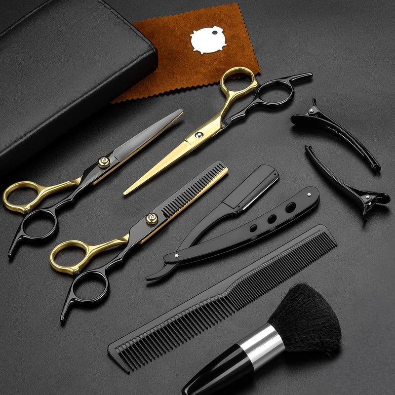 Fetinar Professional Black Gold Hair Cutting Scissors - 11Pcs Set, Stainless Steel Barber Scissors, Straight & Thinning Shears, Multi-Use for Home Salon Barber - Image 1