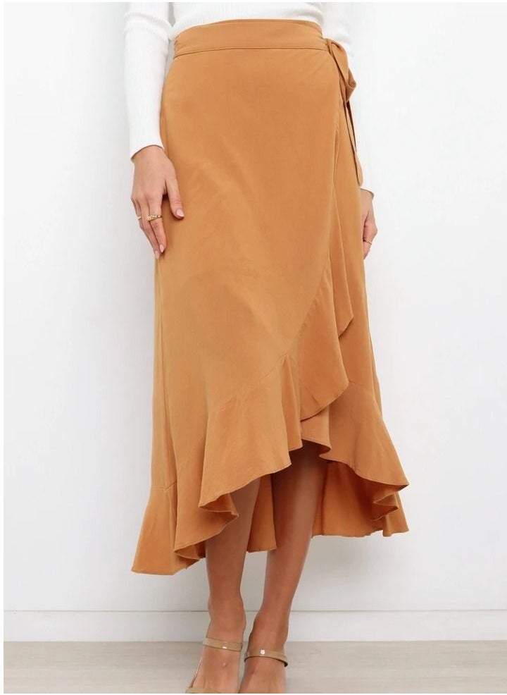 Loquat - Women's Solid Color Ruffle Wrap Skirt Tie Waist Boho High Low Asymmetrical Midi Skirt Khaki - Image 1