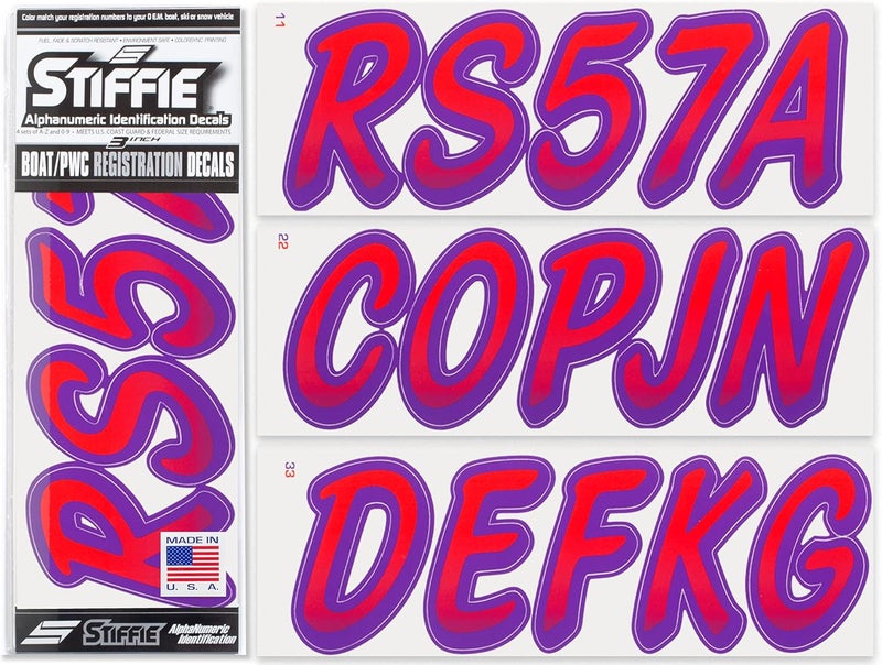 Stiffie Whipline Red/Purple 3" Boat & PWC Registration Decals • Numbers Letters Stickers - Image 1