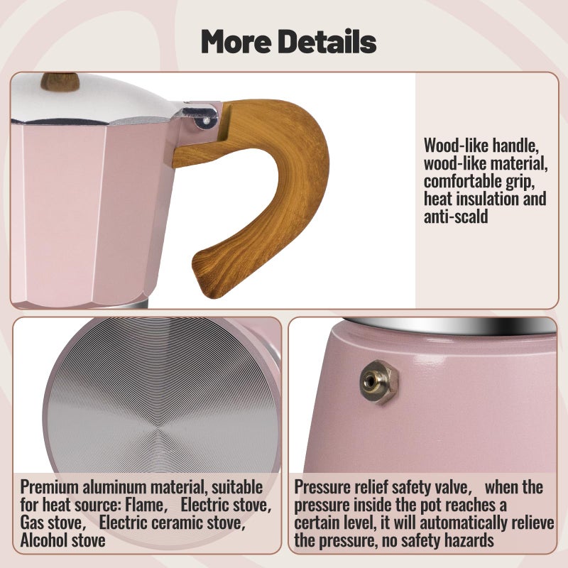 Vaolvpant 6 Cup Aluminum Moka Pot Classic Stovetop Espresso Coffee Maker 300ml 10oz Coffeemaker Percolator Mocha Pot Greca Coffee Maker Cafe Makers for Italian and Cuban CafÃ© Brewing Pink - Image 5