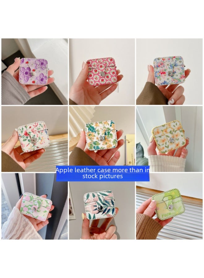 Loquat Airpods Pro2 Earphone Case Simple Floral Pattern Leather 123rd Generation Integrated Creative Shell-Color:One-piece Leather Case-purple Blue Oil Painting Flower-Model:Airpods Pro2 (protective Sleeve) - Image 2