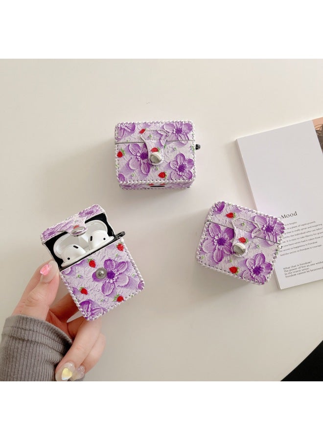 Loquat Airpods Pro2 Earphone Case Simple Floral Pattern Leather 123rd Generation Integrated Creative Shell-Color:One-piece Leather Case-purple Blue Oil Painting Flower-Model:Airpods Pro2 (protective Sleeve) - Image 3