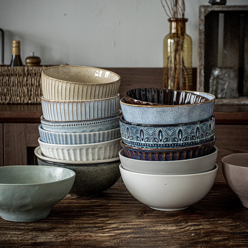 Retro Noodle Bowl, Japanese Ceramic Bowl, Salad Bowl, Household Vegetable Bowl, Instant Noodle Bowl, Tableware, High-Looking Soup Bowl, Fruit Rice Bowl - Image 4