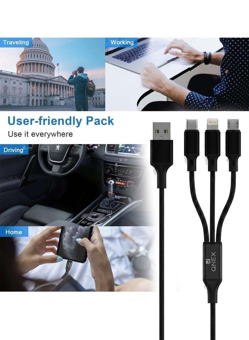 QNEX 3-in-1 Fast Charging Cable 1.2M Nylon Braided Multi Charging Cord with USB-A Input and USB-C, Lightning & Micro USB Connectors, Compatible with iPhone 17, iPhone 16, iPhone 15 Series, Samsung Galaxy, Android Phones, iPad, Tablets, Wireless Earbuds, Power Banks and More, Black - Image 5