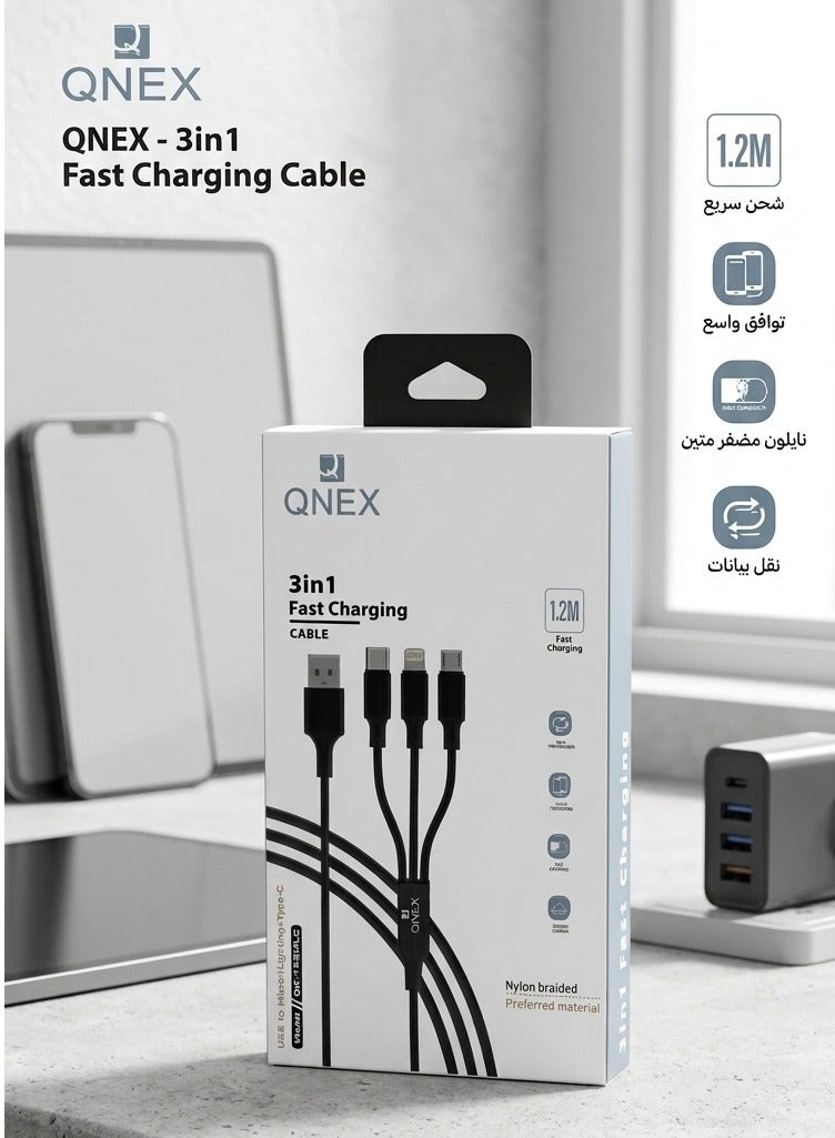 QNEX 3-in-1 Fast Charging Cable 1.2M Nylon Braided Multi Charging Cord with USB-A Input and USB-C, Lightning & Micro USB Connectors, Compatible with iPhone 17, iPhone 16, iPhone 15 Series, Samsung Galaxy, Android Phones, iPad, Tablets, Wireless Earbuds, Power Banks and More, Black - Image 4