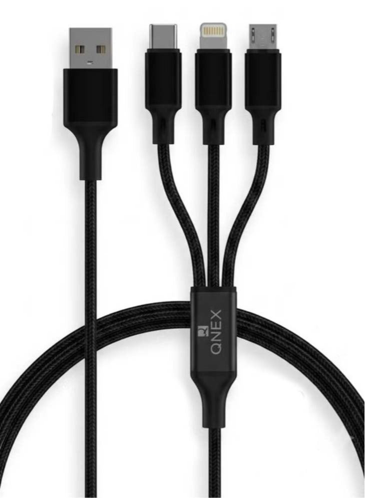 QNEX 3-in-1 Fast Charging Cable 1.2M Nylon Braided Multi Charging Cord with USB-A Input and USB-C, Lightning & Micro USB Connectors, Compatible with iPhone 17, iPhone 16, iPhone 15 Series, Samsung Galaxy, Android Phones, iPad, Tablets, Wireless Earbuds, Power Banks and More, Black - Image 1
