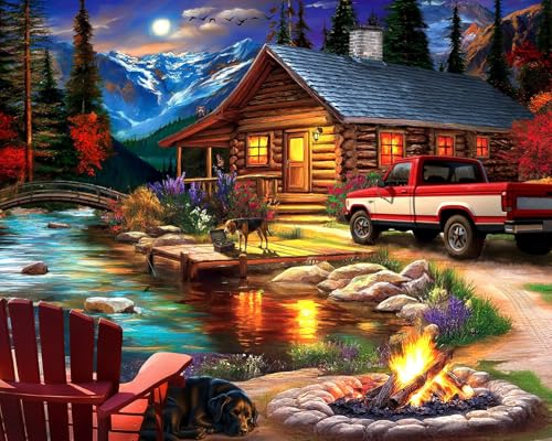 Springbok Cabin on the Creek 500 Piece Jigsaw Puzzle for Adults Poster Now Included Moonlit Outdoor Puzzle Unique Cut Pieces Made in USA - Image 1