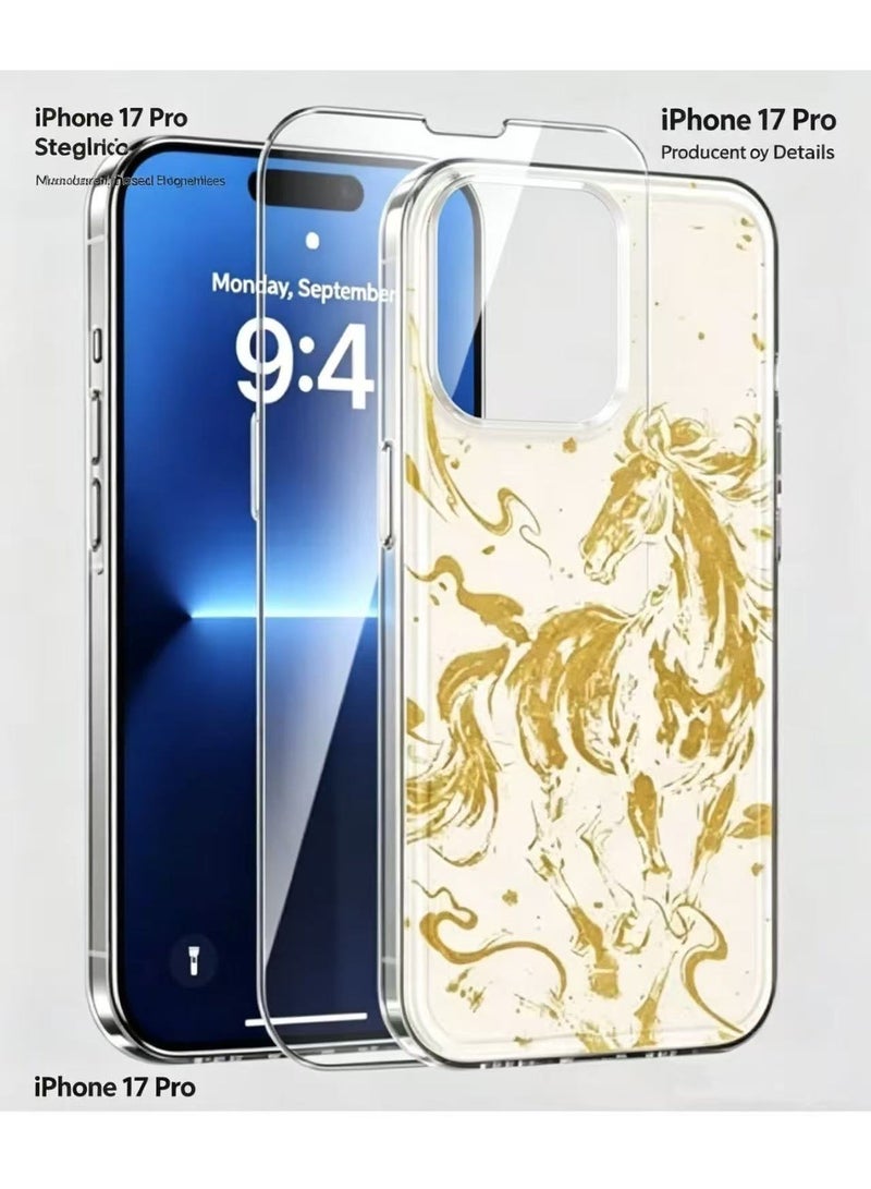 iPhone 17 Pro Case with Tempered Glass Screen Protector, Golden Horse Pattern Clear Shockproof Protective Cover - Image 2