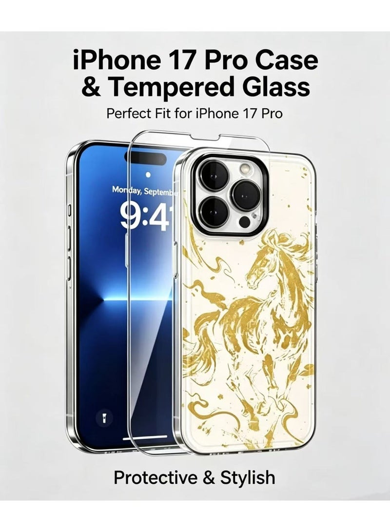 iPhone 17 Pro Case with Tempered Glass Screen Protector, Golden Horse Pattern Clear Shockproof Protective Cover - Image 1