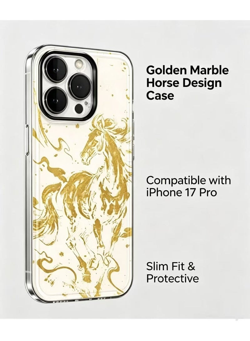 iPhone 17 Pro Case with Tempered Glass Screen Protector, Golden Horse Pattern Clear Shockproof Protective Cover - Image 3