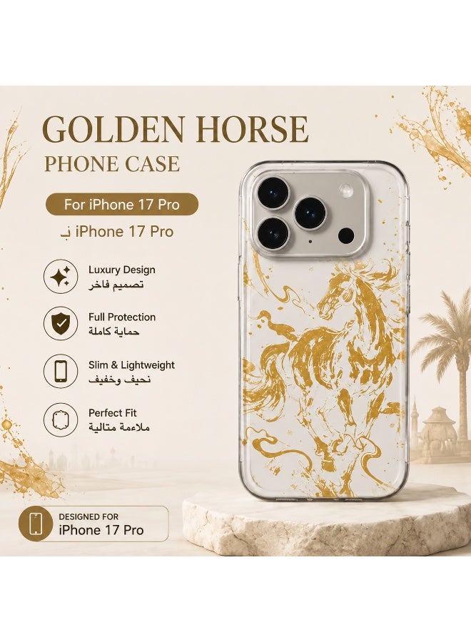 iPhone 17 Pro Case with Tempered Glass Screen Protector, Golden Horse Pattern Clear Shockproof Protective Cover - Image 1