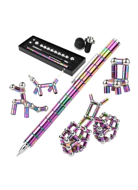 NOVOLAN Magnetic Fidget Pen, Multifunctional Retractable Ballpoint Pen with 13 Magnetic Rings, 3 Pen Refills, 12 Steel Balls, 2 Stylus Tips, Creative Magnetic Toy Pen for Stress Relief