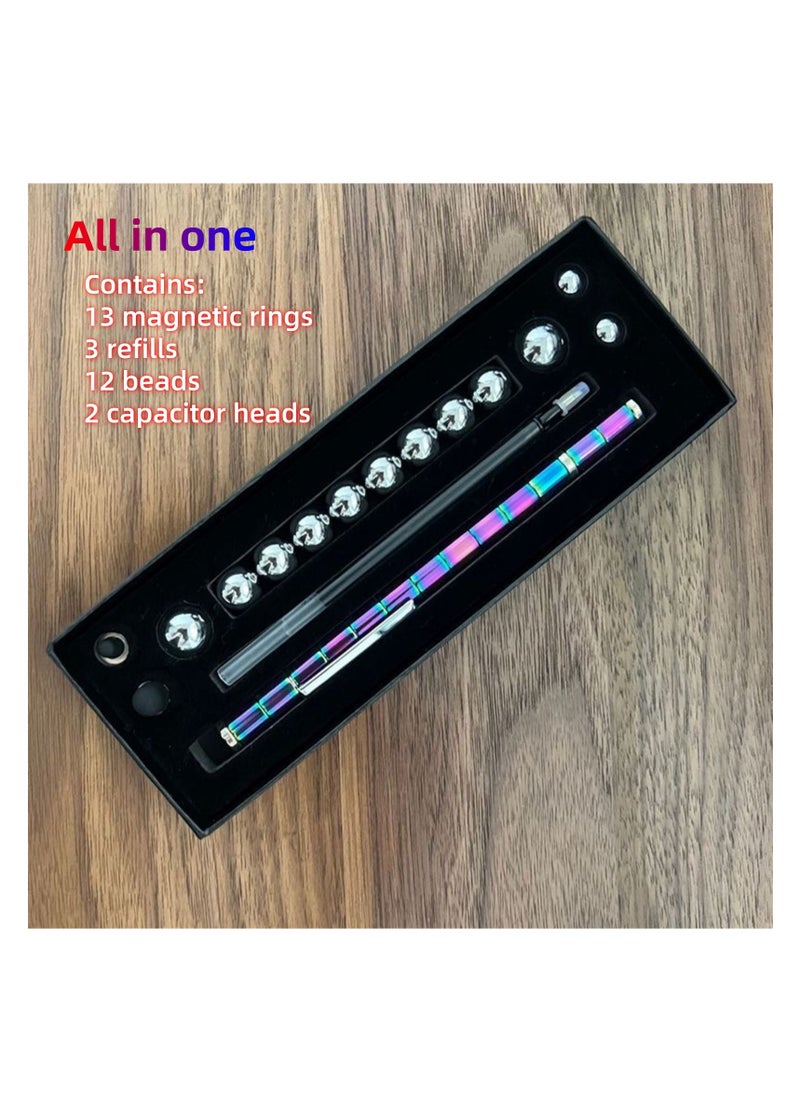 NOVOLAN Magnetic Fidget Pen, Multifunctional Retractable Ballpoint Pen with 13 Magnetic Rings, 3 Pen Refills, 12 Steel Balls, 2 Stylus Tips, Creative Magnetic Toy Pen for Stress Relief