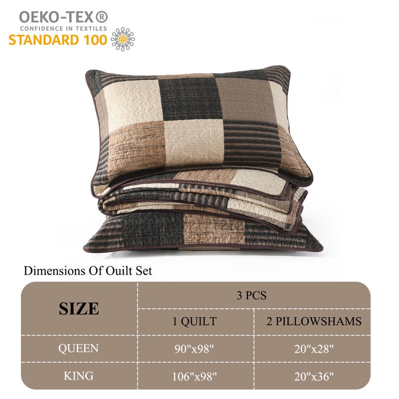 DDUOXIN King Quilt Set - 100% Cotton Quilts with 2 Pillow Shams, Country Rustic Plaid Bedspread Lightweight Thin Comforter Bedding for All Seasons, Charcoal/Beige/Brown, King(106" W x 98" L) - Image 4