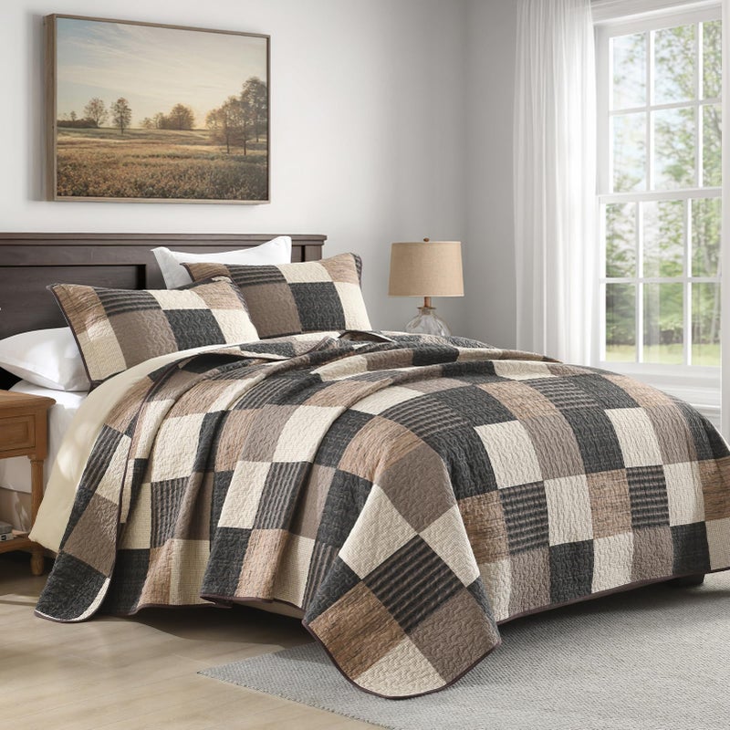 DDUOXIN King Quilt Set - 100% Cotton Quilts with 2 Pillow Shams, Country Rustic Plaid Bedspread Lightweight Thin Comforter Bedding for All Seasons, Charcoal/Beige/Brown, King(106" W x 98" L) - Image 2