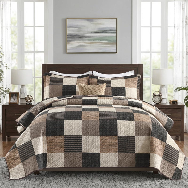DDUOXIN King Quilt Set - 100% Cotton Quilts with 2 Pillow Shams, Country Rustic Plaid Bedspread Lightweight Thin Comforter Bedding for All Seasons, Charcoal/Beige/Brown, King(106" W x 98" L) - Image 1