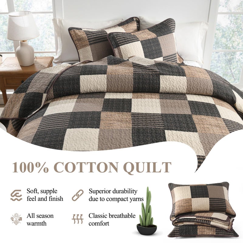 DDUOXIN King Quilt Set - 100% Cotton Quilts with 2 Pillow Shams, Country Rustic Plaid Bedspread Lightweight Thin Comforter Bedding for All Seasons, Charcoal/Beige/Brown, King(106" W x 98" L) - Image 5