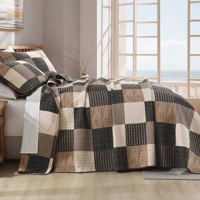 DDUOXIN King Quilt Set - 100% Cotton Quilts with 2 Pillow Shams, Country Rustic Plaid Bedspread Lightweight Thin Comforter Bedding for All Seasons, Charcoal/Beige/Brown, King(106" W x 98" L) - Image 3