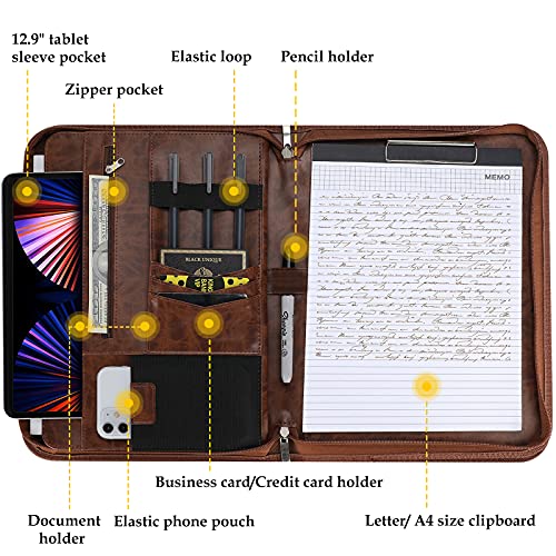 ProCase Portfolio Business Padfolio Folder with Zipper, Conference Meeting Executive File Legal Document Organizer with Pockets Letter Size A4 Writing Pad Notepad Padfolio -Brown - Image 2