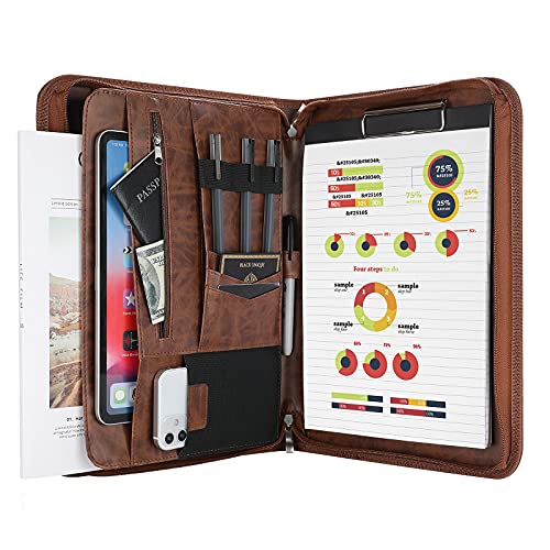 ProCase Portfolio Business Padfolio Folder with Zipper, Conference Meeting Executive File Legal Document Organizer with Pockets Letter Size A4 Writing Pad Notepad Padfolio -Brown - Image 1