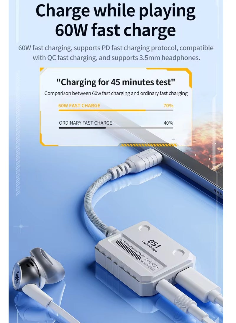 GS1 2 in 1 Adapter USB-C to 3.5mm Headphone Jack, Type C to Audio Cable, 60W High Definition Fast Charging Adapter White - Image 3
