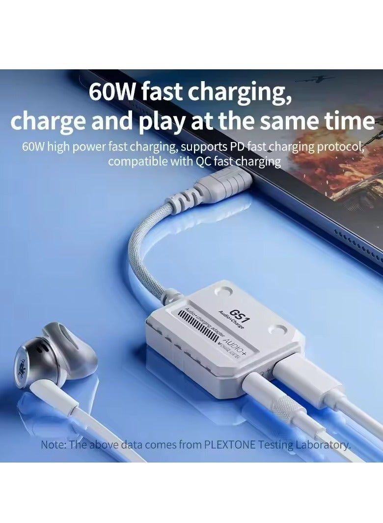 GS1 2 in 1 Adapter USB-C to 3.5mm Headphone Jack, Type C to Audio Cable, 60W High Definition Fast Charging Adapter White - Image 4