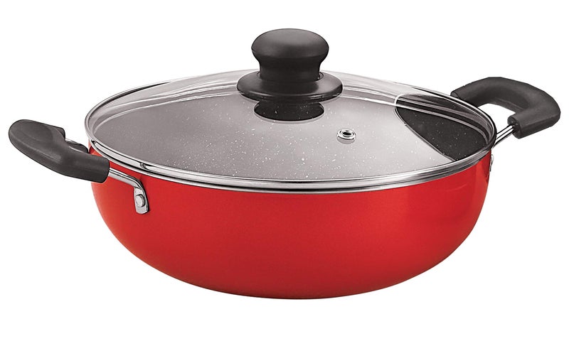 Nirlon Ruby Granite Non Stick Aluminium Dishwasher Safe Deep Kadhai|Wok with Glass Lid 24cm - 3Liter[Color-Red] - Image 1