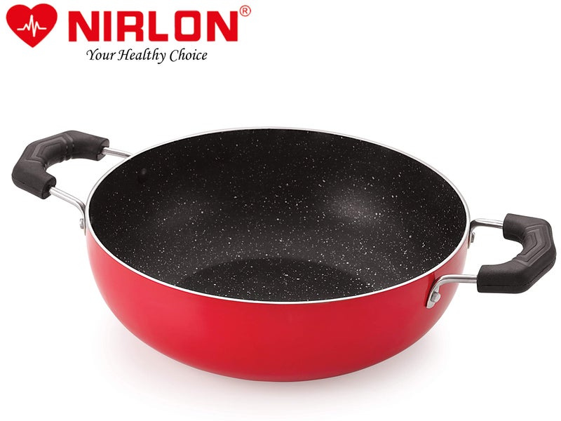 Nirlon Ruby Granite Non Stick Aluminium Dishwasher Safe Deep Kadhai|Wok with Glass Lid 24cm - 3Liter[Color-Red] - Image 3