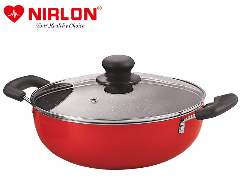 Nirlon Ruby Granite Non Stick Aluminium Dishwasher Safe Deep Kadhai|Wok with Glass Lid 24cm - 3Liter[Color-Red] - Image 2