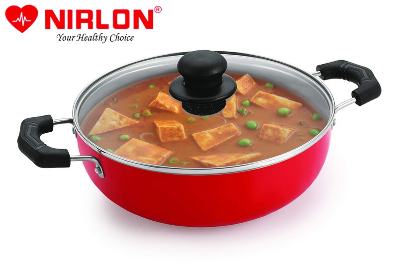 Nirlon Ruby Granite Non Stick Aluminium Dishwasher Safe Deep Kadhai|Wok with Glass Lid 24cm - 3Liter[Color-Red] - Image 5