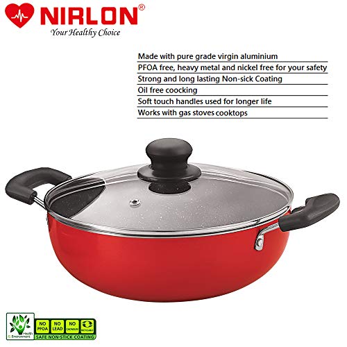 Nirlon Ruby Granite Non Stick Aluminium Dishwasher Safe Deep Kadhai|Wok with Glass Lid 24cm - 3Liter[Color-Red] - Image 4