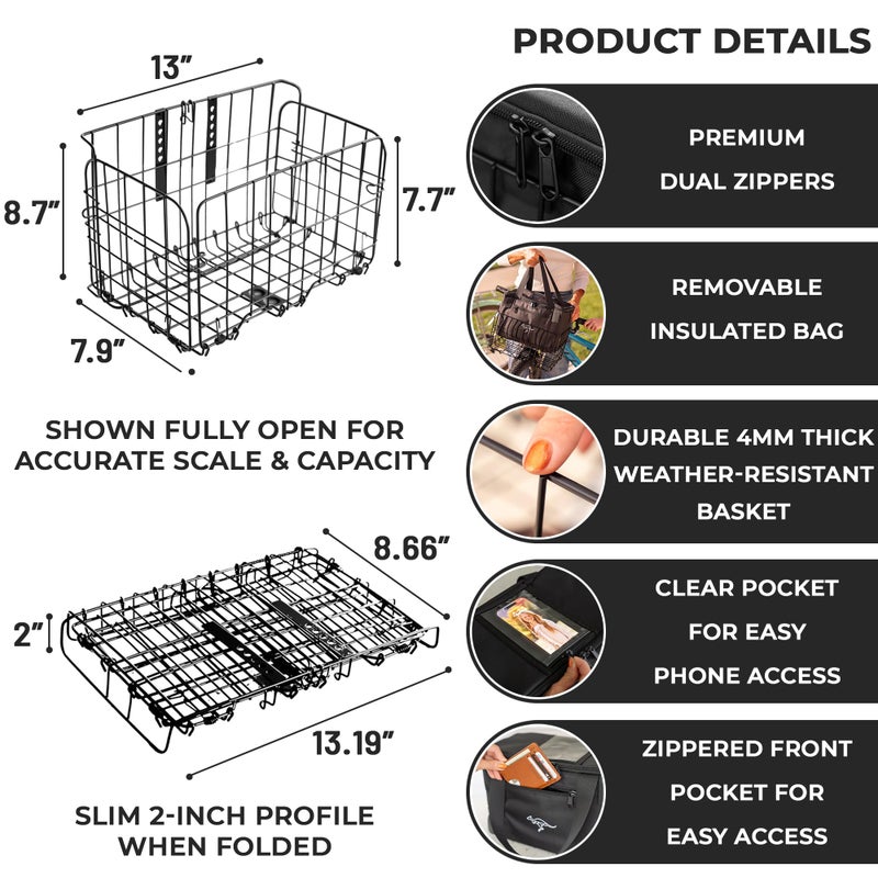 Goroo Foldable Bike Basket with Insulated Cooler Bag, 44 lb Capacity Quick Release Metal Bicycle Basket, Front/Rear Folding Bike Basket for Groceries, Commuting and Shopping - Image 2