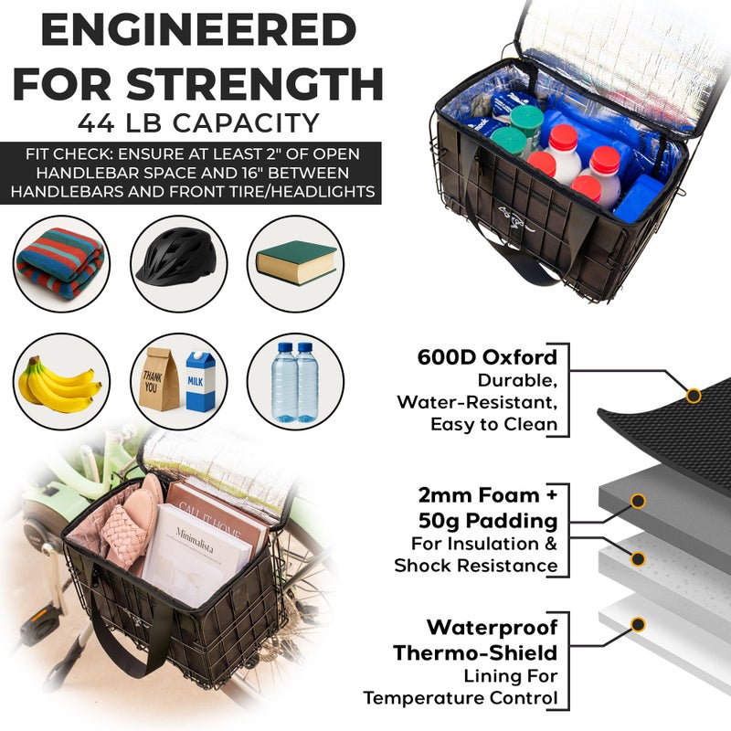 Goroo Foldable Bike Basket with Insulated Cooler Bag, 44 lb Capacity Quick Release Metal Bicycle Basket, Front/Rear Folding Bike Basket for Groceries, Commuting and Shopping - Image 3
