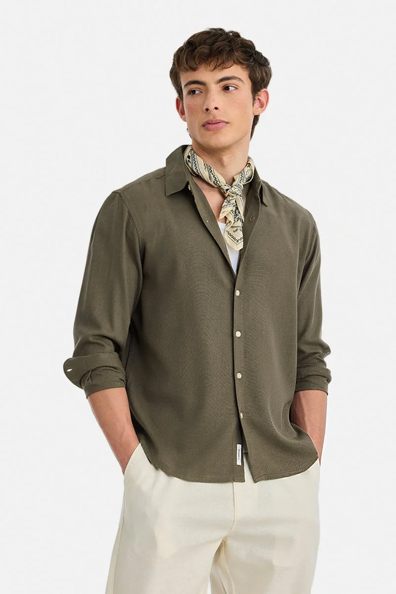 سنيتش Olive Textured Long Sleeve Regular Fit Shirt