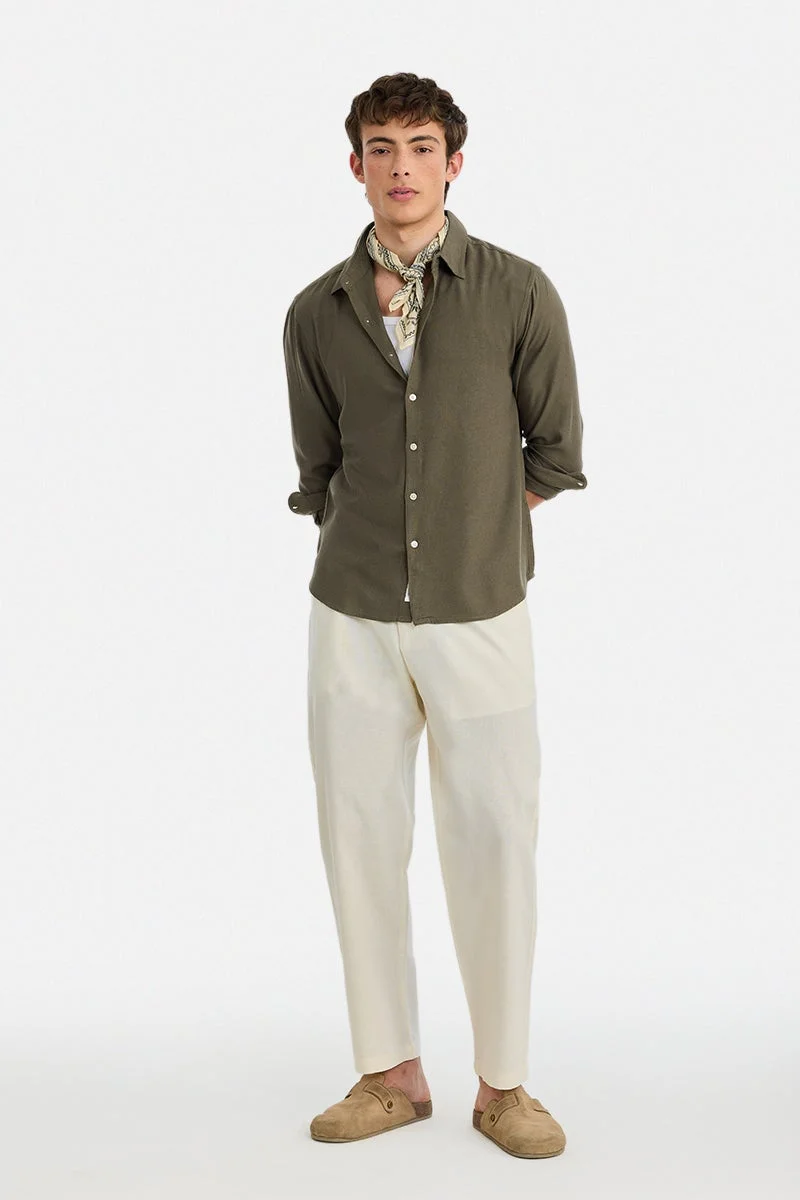 سنيتش Olive Textured Long Sleeve Regular Fit Shirt