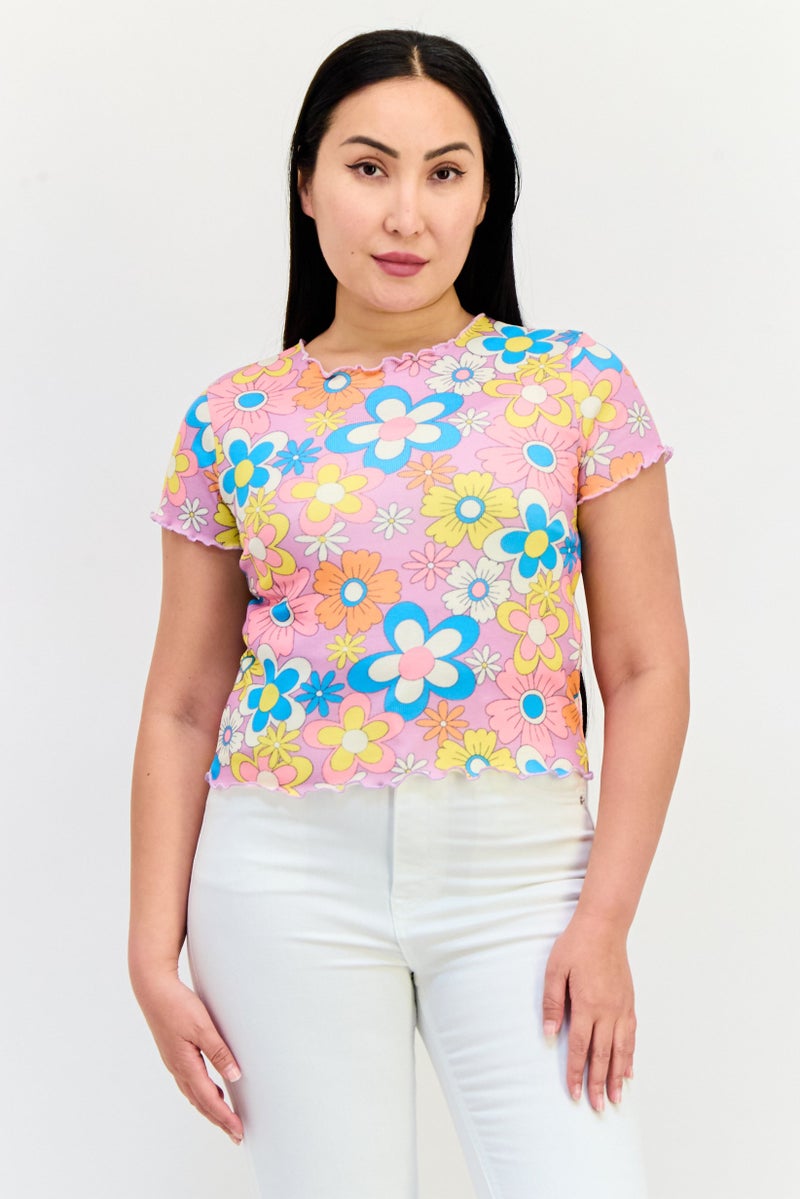 ONLY Women Ruffle Neck Short Sleeve Floral Print T Shirt, Multicolor - Image 1