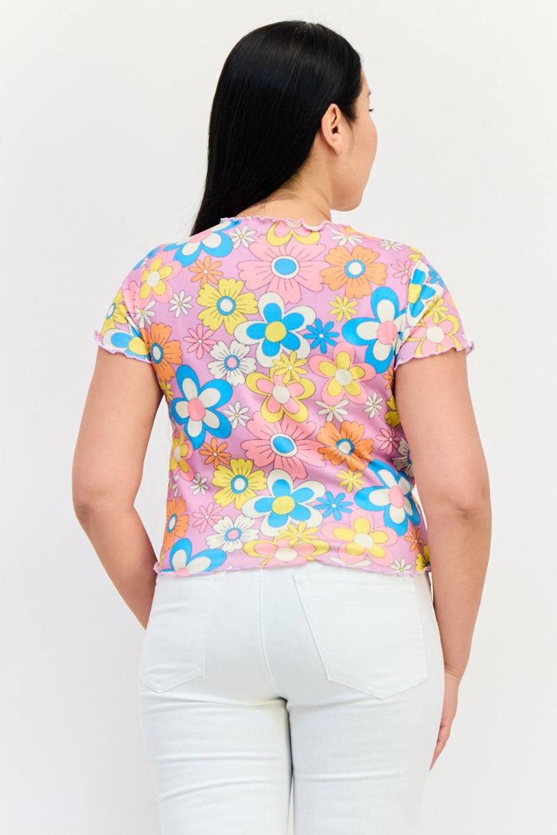 ONLY Women Ruffle Neck Short Sleeve Floral Print T Shirt, Multicolor - Image 3