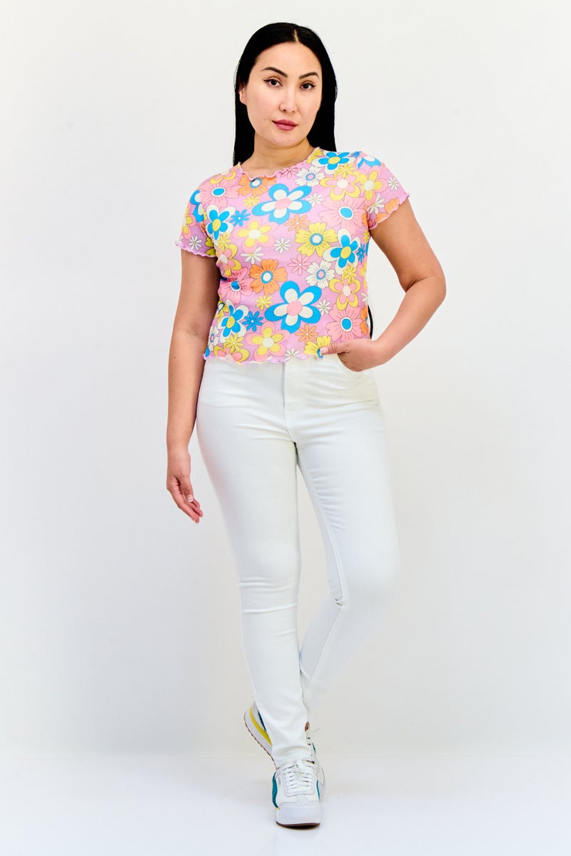 ONLY Women Ruffle Neck Short Sleeve Floral Print T Shirt, Multicolor - Image 4