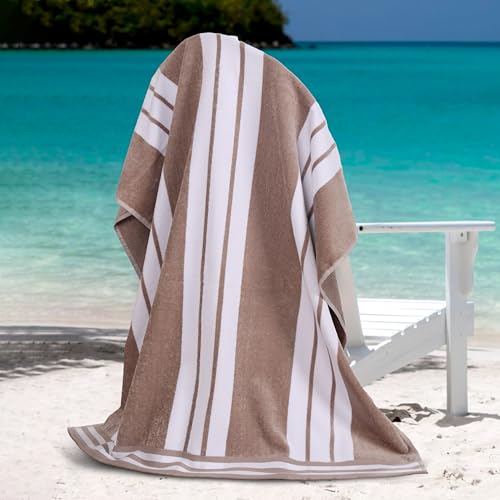 Superior Cotton Cabana Striped Beach Towels, Colorful Towels for Adult, Kid, Pool, Swimming, Sand, Travel, Large Oversized, Absorbent, Fast Drying, Bath Basics, Cabana Collection, 1 Piece, Taupe - Image 2