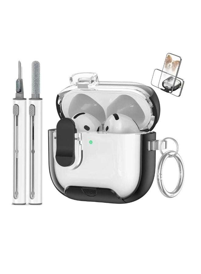 for AirPods Pro 3 case, comes with a cleaning kit and metal buckle, featuring a magnetic cover design with a stand and anti-drop lock. The AirPods Pro 3 case supports wireless charging through the case. White.Translucent black - Image 1